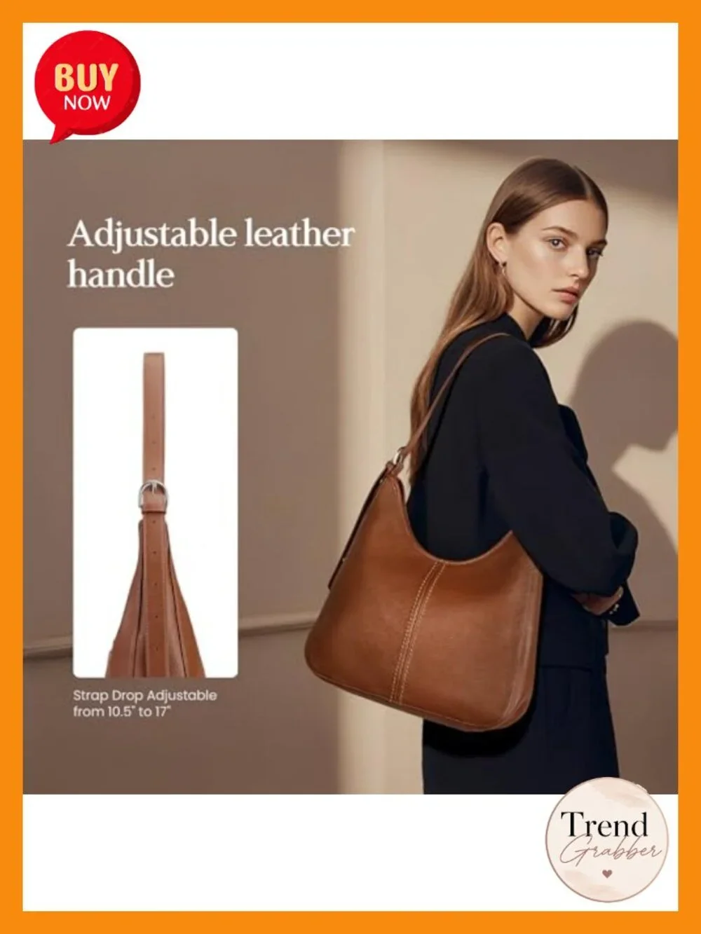 Genuine Leather Hobo Bag with Adjustable Strap, Top Grain Leather Shoulder Bag